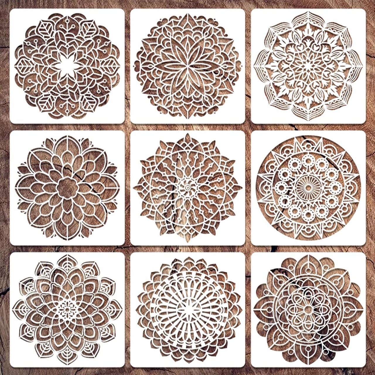 9PCS Mandala Stencils Set – 6x6 Inch Reusable PET Mandala Dotting Templates for DIY Painting, Home Decor, Scrapbooking & Craft Projects